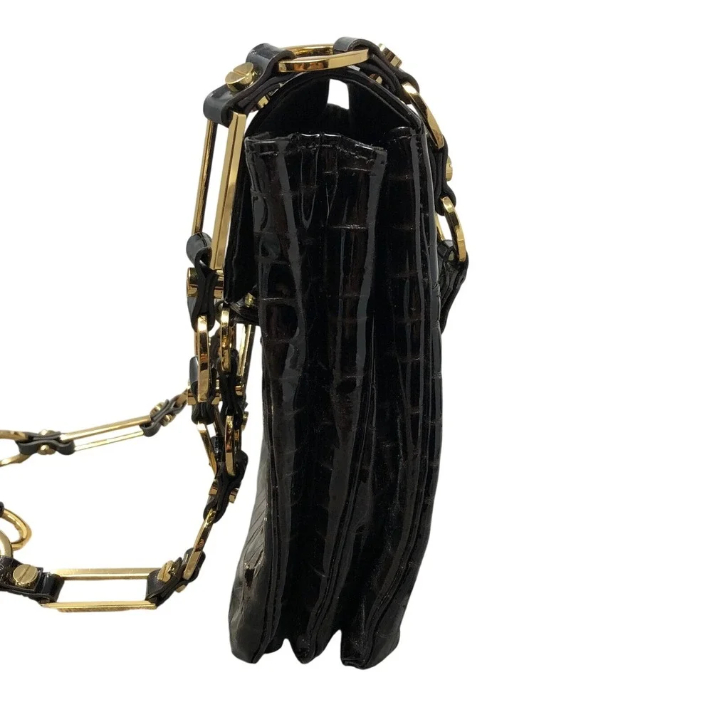 Tory Burch Retired Brown Croc Embossed Patent Leather Shoulder Bag Gold‎ Chain